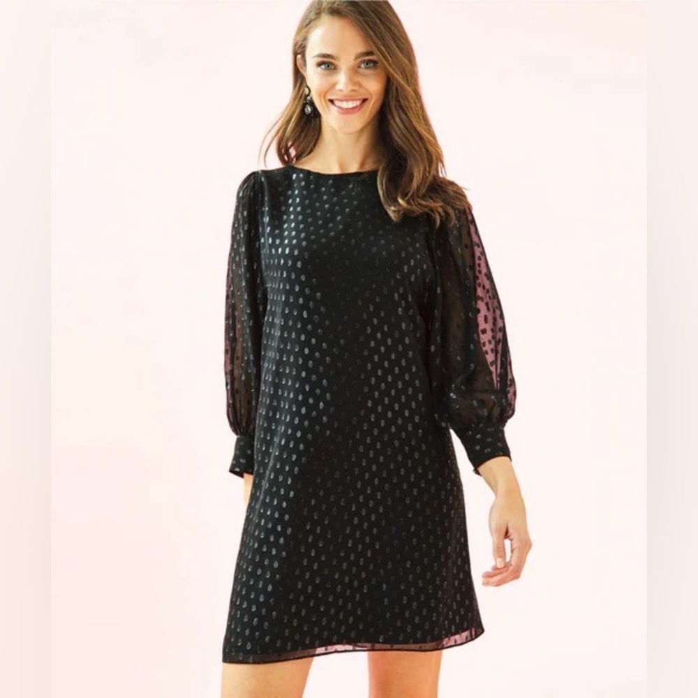 Lilly Pulitzer Maisel Silk Dress Black Mini Long‎ Sleeve Metallic 002521 Sz 0